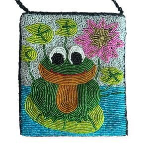 Ermo Beaded Crossbody Bag Green Frog Lilly Pad Flower Whimsical Novelty Purse